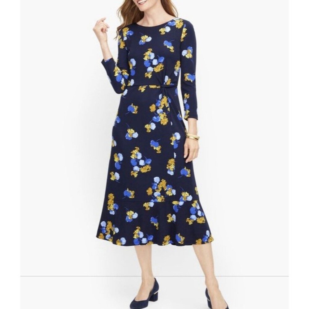 TALBOTS Women’s Midi Dress Size 8 FLORAL JERSEY TWIST FIT & FLARE Blue Stretch